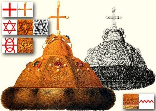 Звезда Велеса. Шапка Мономаха (13 в., Россия). Символ венчания русских царей на власть. Символизм шапки: «Звезда Велеса» означает власть над Небом («Крест Дыя»), над Землёй («Пчела-Макошь»), над Водами («Мара»).