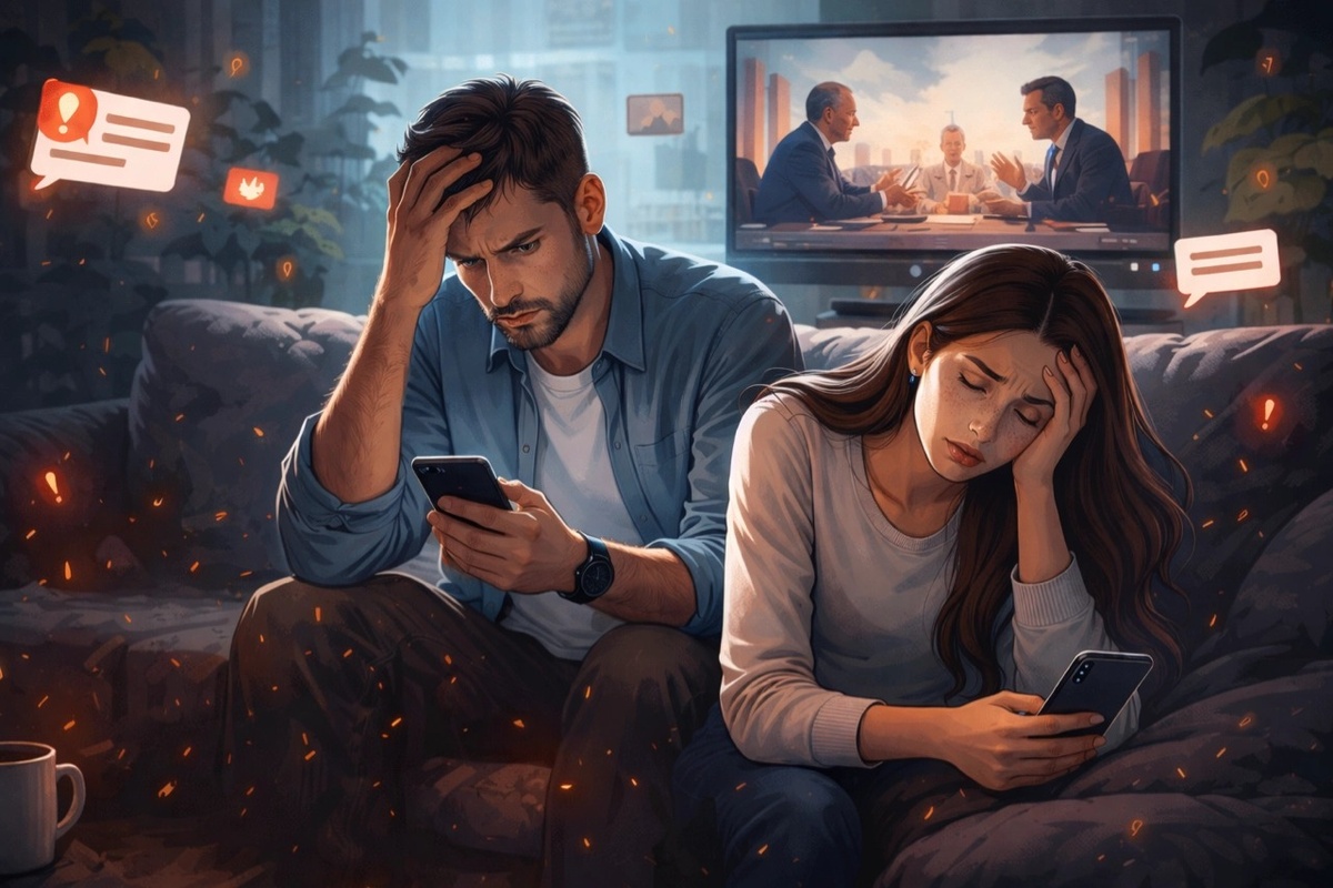 Политический стресс испытывают 40% взрослых. И главный его источник — не телевизор, а соцсети. Источник: нейросеть📷
