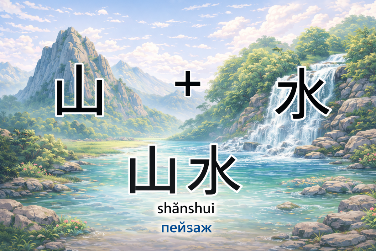 Иероглифы 山 (гора) и 水 (вода) вместе образуют слово 山水 (shānshuǐ) — «пейзаж». В китайской культуре это символ гармонии природы: гор, рек и спокойствия.