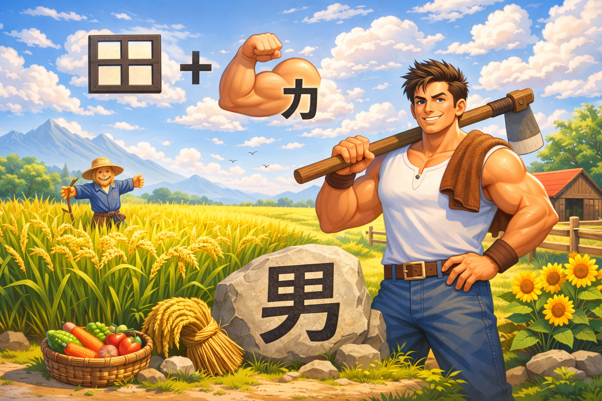 Разбор китайского иероглифа 男 (nán) — «мужчина». Он состоит из символов «поле» 田 и «сила» 力 и показывает, как древний китайский язык передавал смысл через образы.