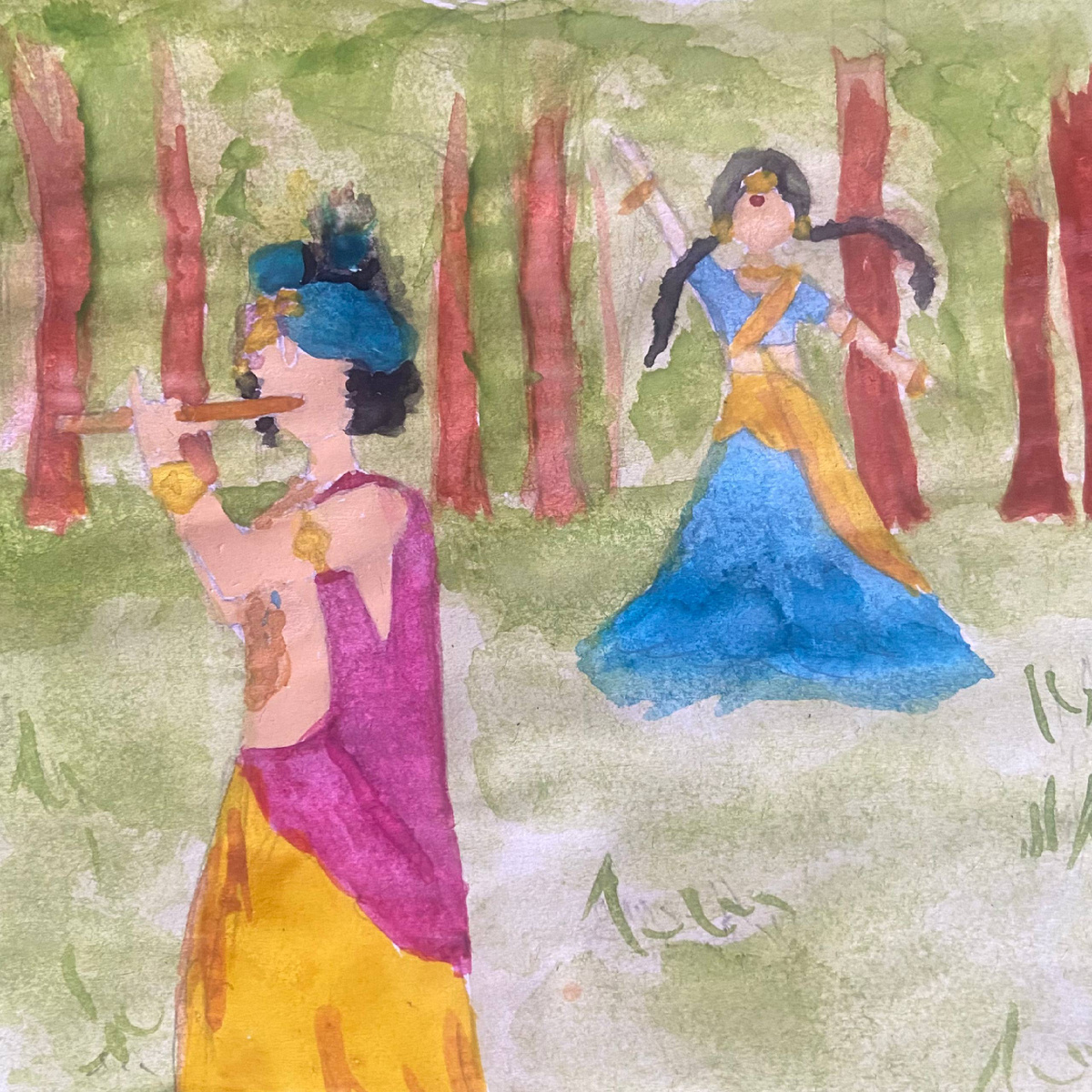 Детский рисунок) Радха прибежала к Кришне, услышав мелодию его флейты)