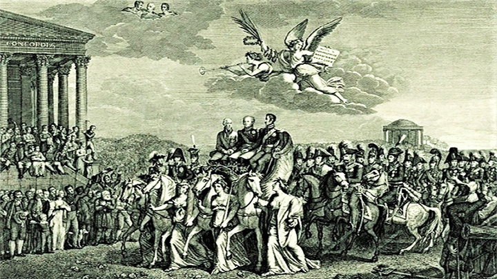    Священный союз олицетворял план европейского будущего, где правили бы традиция, мир и сотрудничество между христианскими монархиями. Гравюра "Освободители Европы" Карделли Сальваторе, 1815 год. Скриншот: en.ppt-jnline.org