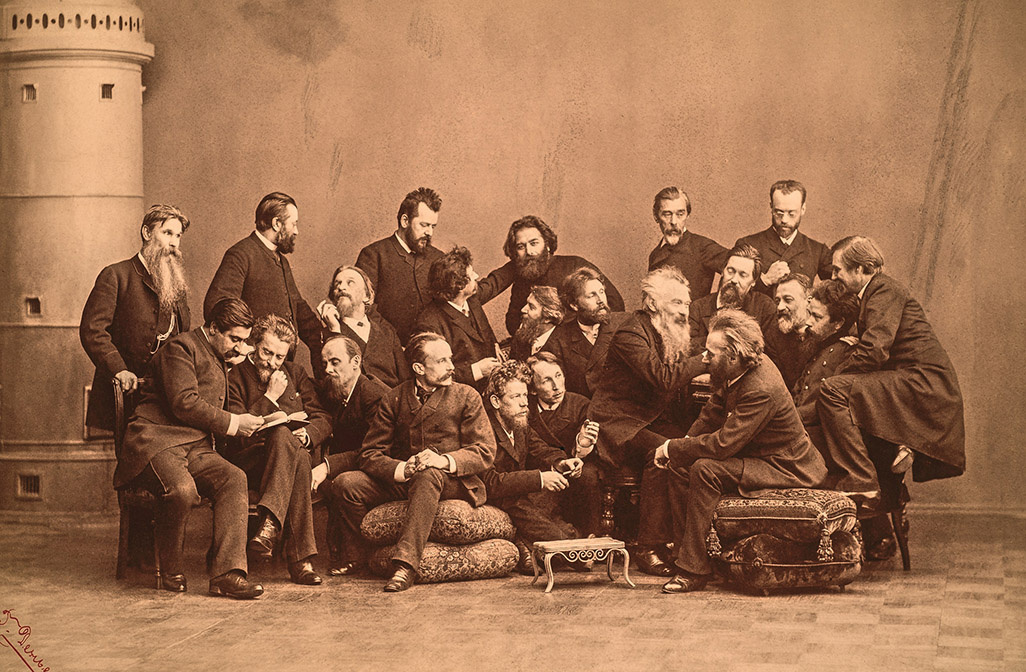 А.И.Куинджи среди художников-передвижников (стоит четвертый слева). Фотография А.И.Деньера. 1888 Отдел рукописей Государственного Русского музея