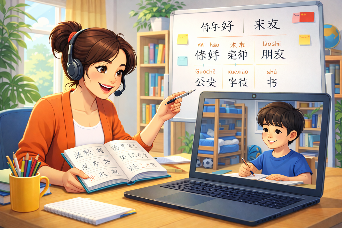 Онлайн-занятие китайским языком: преподаватель объясняет иероглифы ученику через видеосвязь.