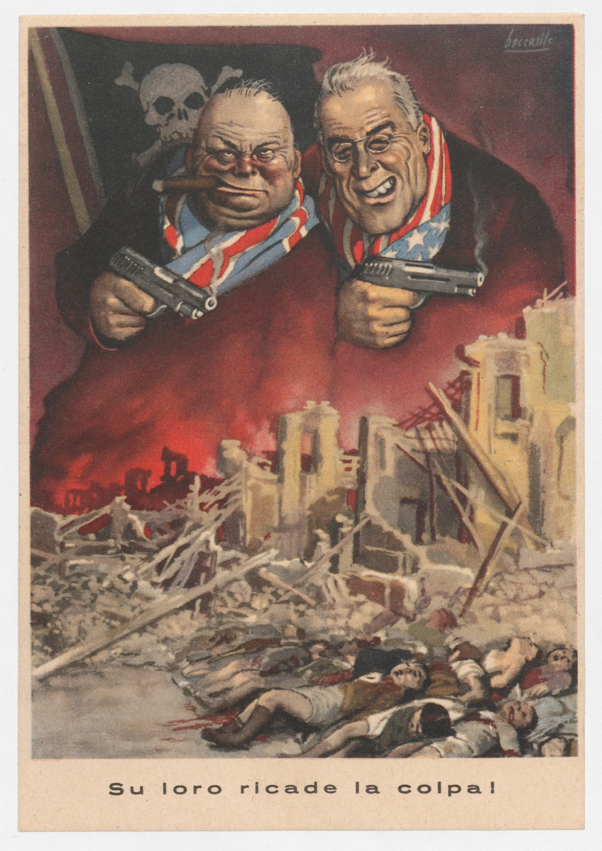 Эмоциональный антисоюзнический итальянский плакат "На них лежит вина! (Su loro ricade la colpa!") Художник Джино Боккасиле. 1943. (Примеч. Один из первых плакатов, созданных после возвращения Муссолини к власти в сентябре 1943 года.) Источник - en.wikipedia.org