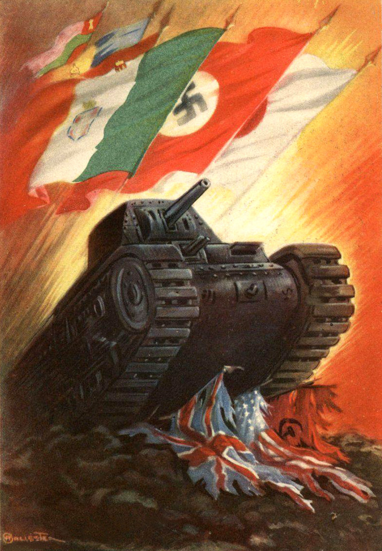 Итальянский плакат, иллюстрирующий мощь и непобедимость стран Оси, беспощадно уничтожающие флаги стран союзной коалиции. 1942. Источник - pixelrz.com