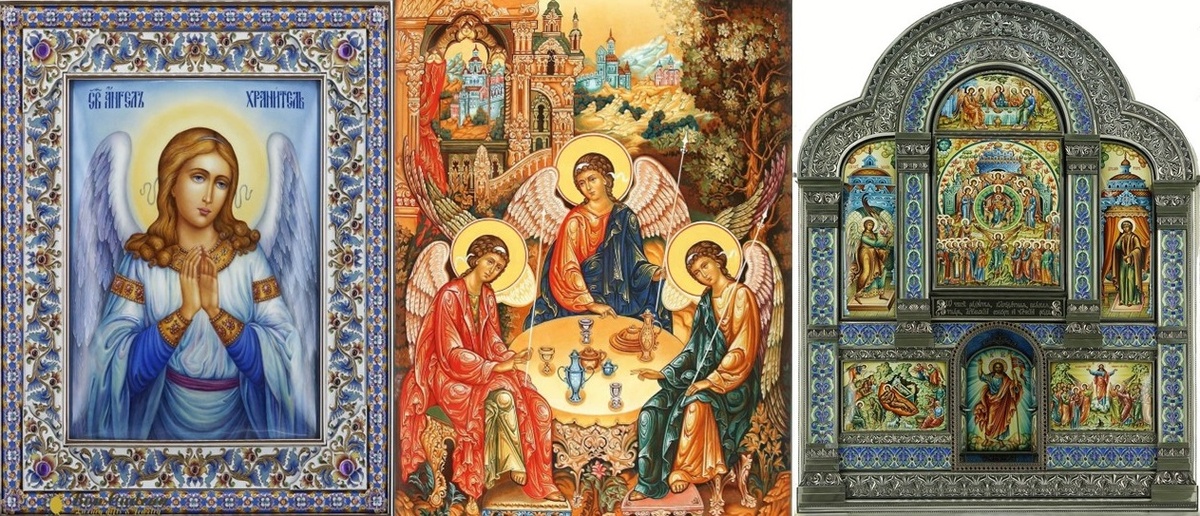 иконы с применением росписи по эмали и украшенные драгоценными камнями. На правой иконе - открывается алтарь.