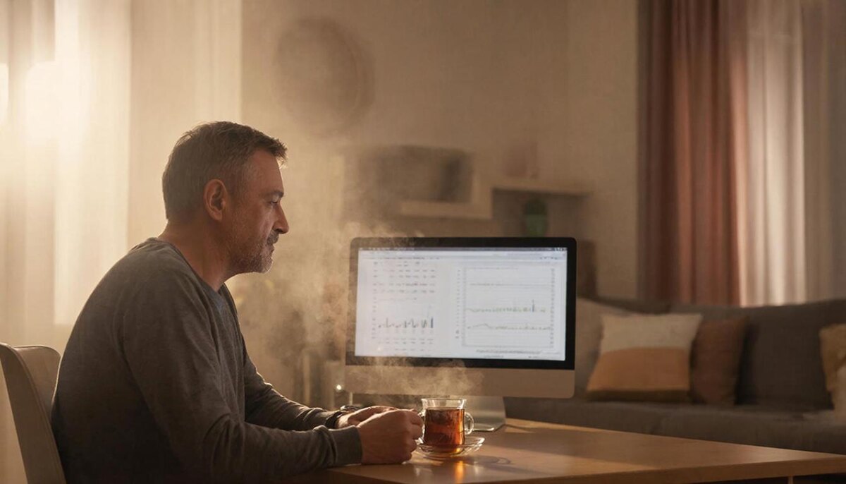 Мужчина 45 лет с чашкой чая за столом на фоне монитора с графиками