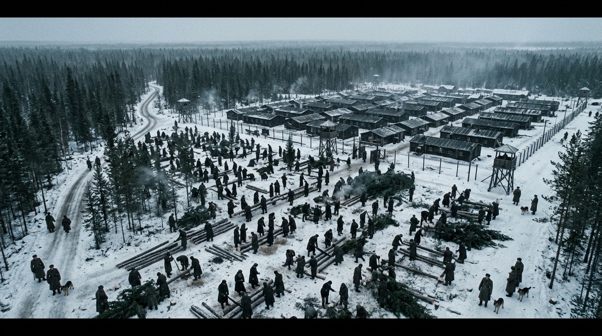 Тяжелый ручной труд тысяч заключенных на лесоповале в Сибири