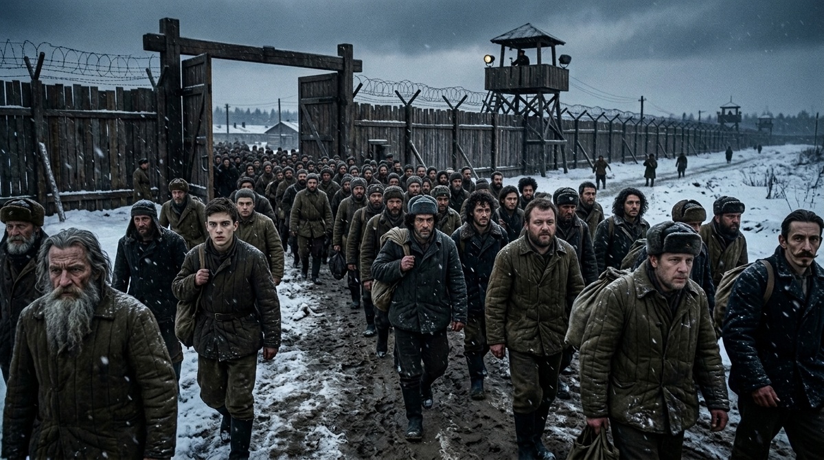 Массовый выход амнистированных уголовников из ворот ГУЛАГа весной 1953 года