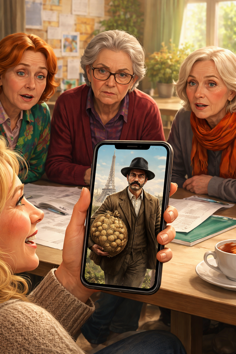 Наталья ввела все честно, как диктовали. Телефон подумал, поворчал и выдал картинку. На экране появился суровый мужчина в шляпе, с усами, с мешком картошки и почему-то на фоне Эйфелевой башни.