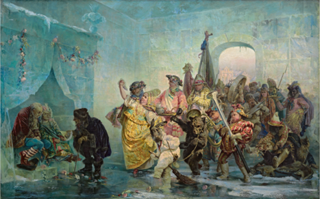 Анна Иоанновна знала толк в развлечениях – взять хотя бы свадьбу шута в Ледяном доме! В этом сооружении не только стены, но и мебель, и вазоны с цветами, и даже игральные карты были сделаны изо льда. В.И.Якоби. «Ледяной дом», 1878 г