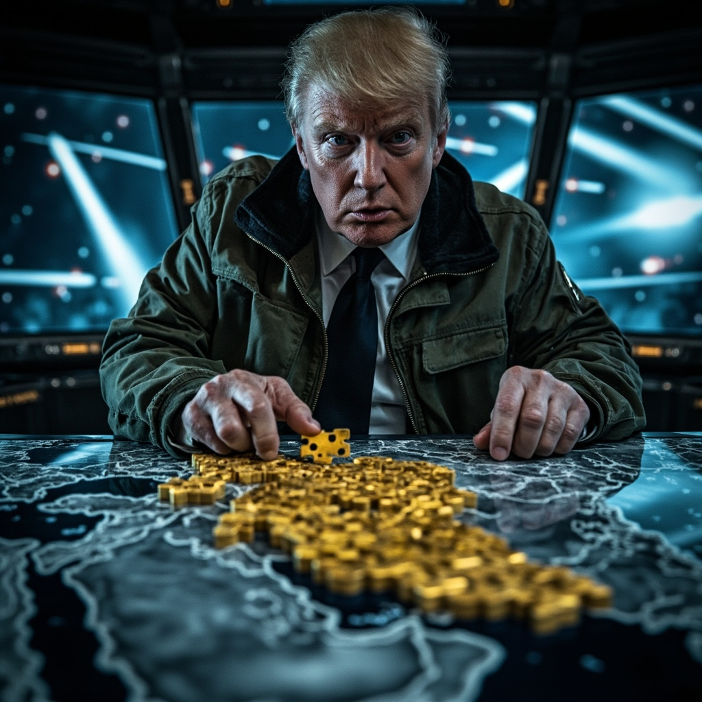 Дональд Трамп в командном центре в лётной куртке перемещает гигантский золотой авианосец по цифровой карте Ирана . За окном - ночное небо , усеянное полосами ракет "Томагавк" . 