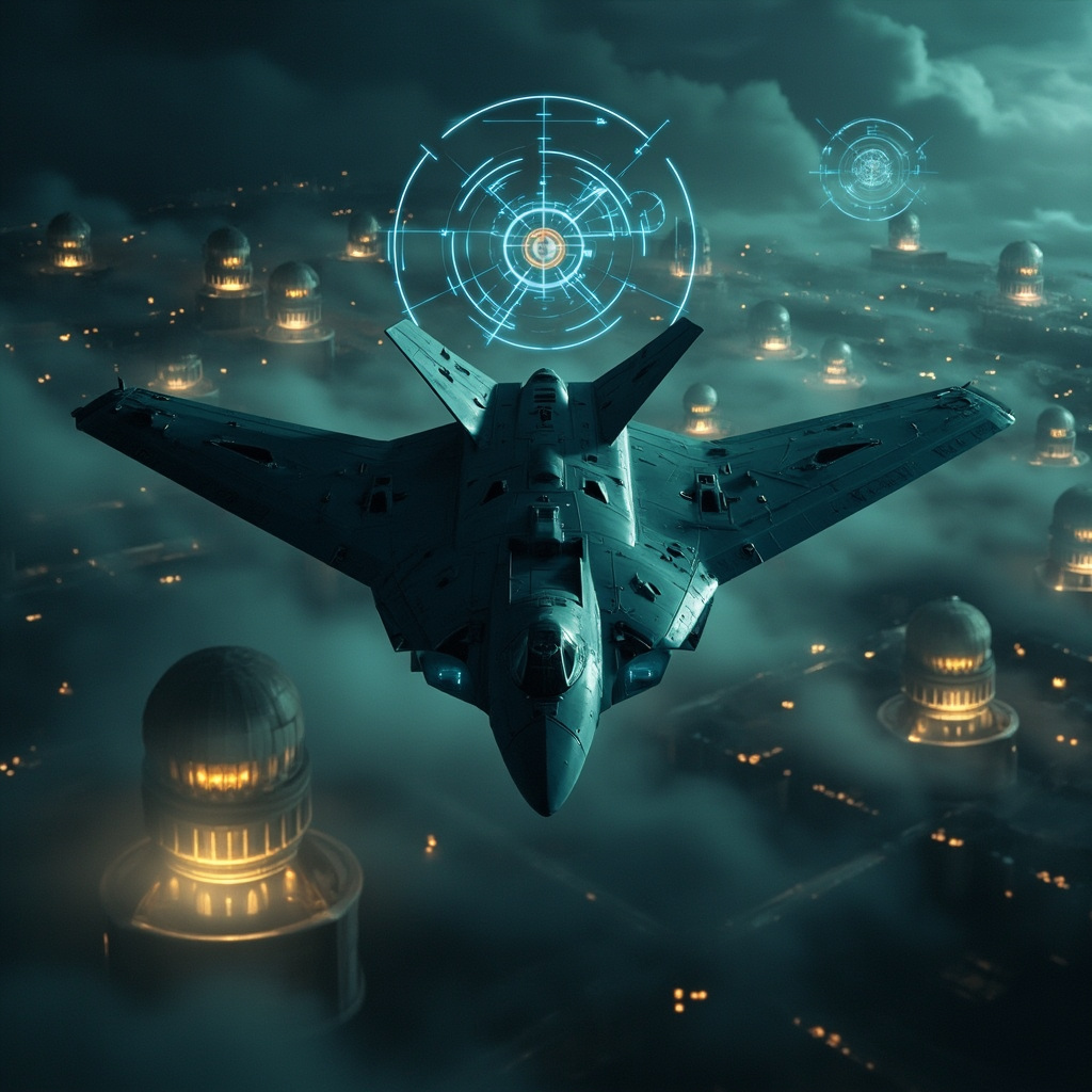  Футуристический бомбардировщик-невидимка B-2 бесшумно летит над ночным Тегераном со старинными куполами . Голографические мишени нацелены на ядерные объекты.  