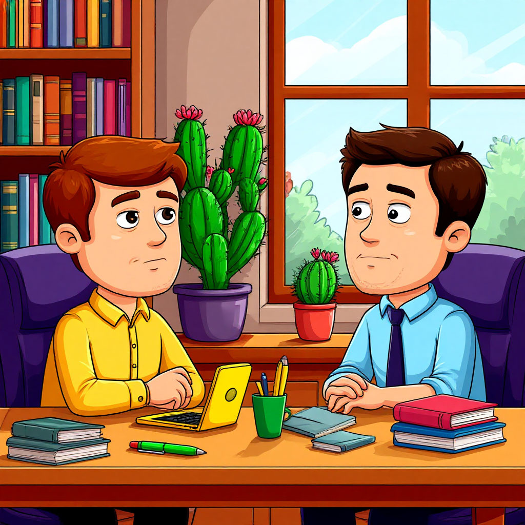 Человек в желтой рубашке отвлекся - глаза куда-то наверх смотрят.