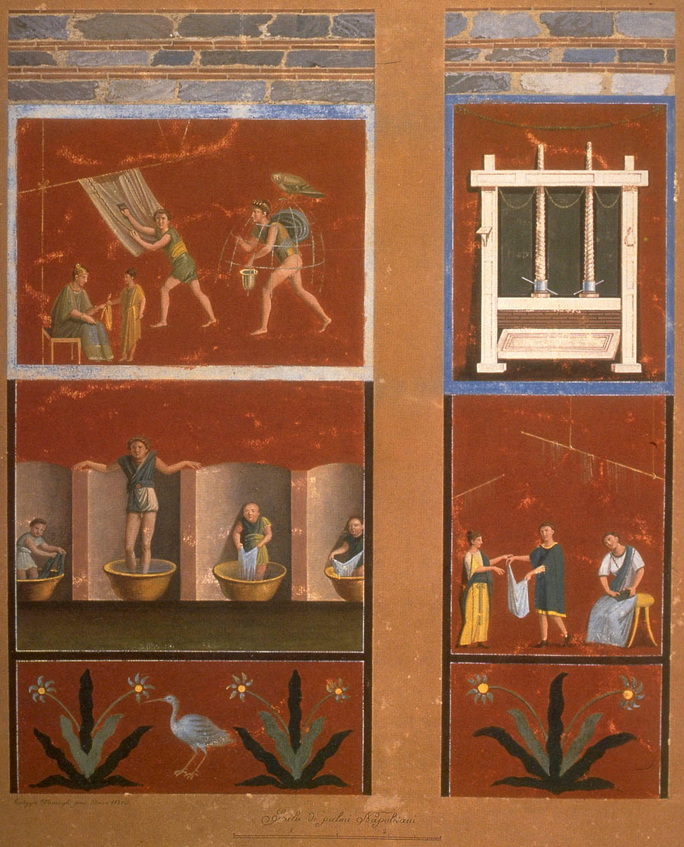 Сцены работы сукновальни, или фуллоники —  Помпеи, VI в.