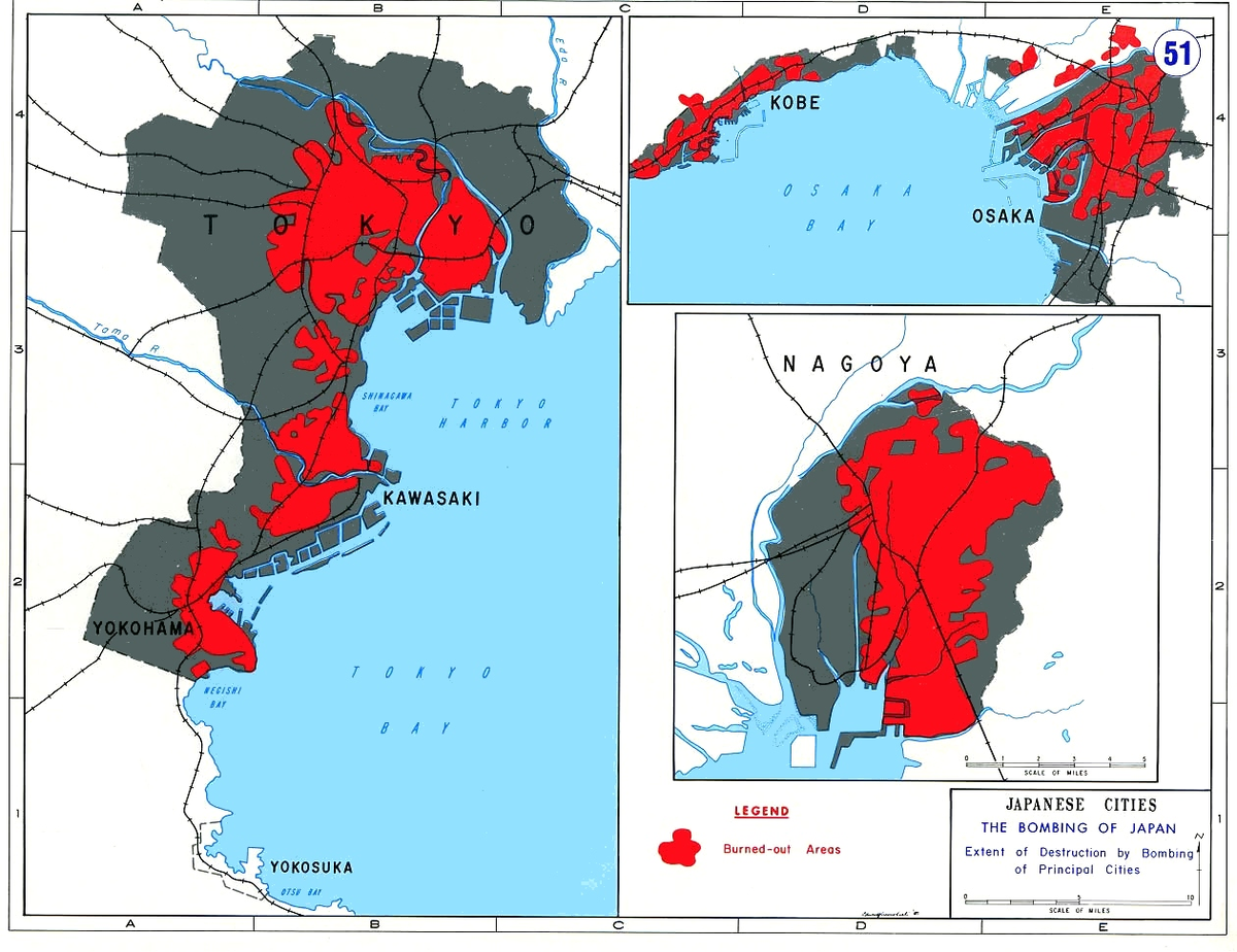 Районы главных городов Японии, разрушенные в результате авиаударов