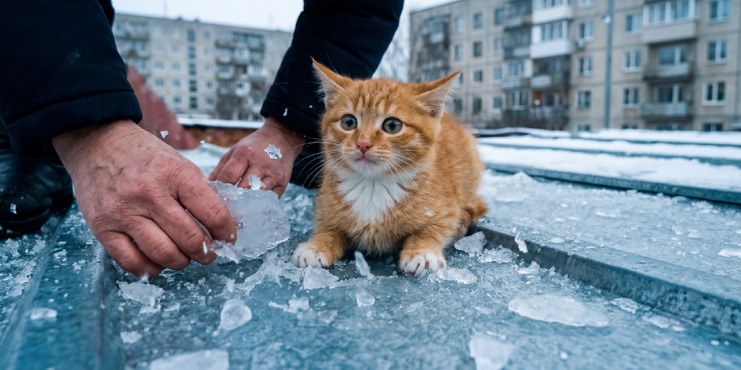 Котёнок вмёрз в лёд на крыше. Я разбивала его руками
