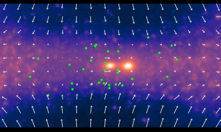 Имитация движения и скорости (обозначены длиной стрелок) объектов, окружающих локальную группу (в центре изображения). Источник: Эвуд Вемпе и соавторы