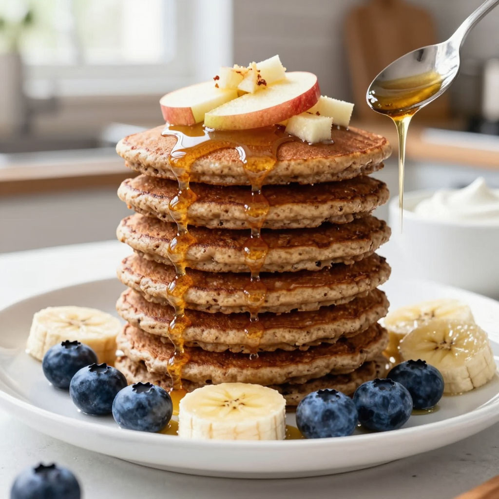 Представьте стопку горячих оладий с мёдом, йогуртом и бананом — дети и взрослые сметают за минуты!
