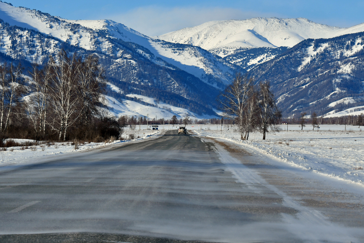 Позёмка на автодороге в окрестностях села Верхний Уймон. Листайте фото вправо →