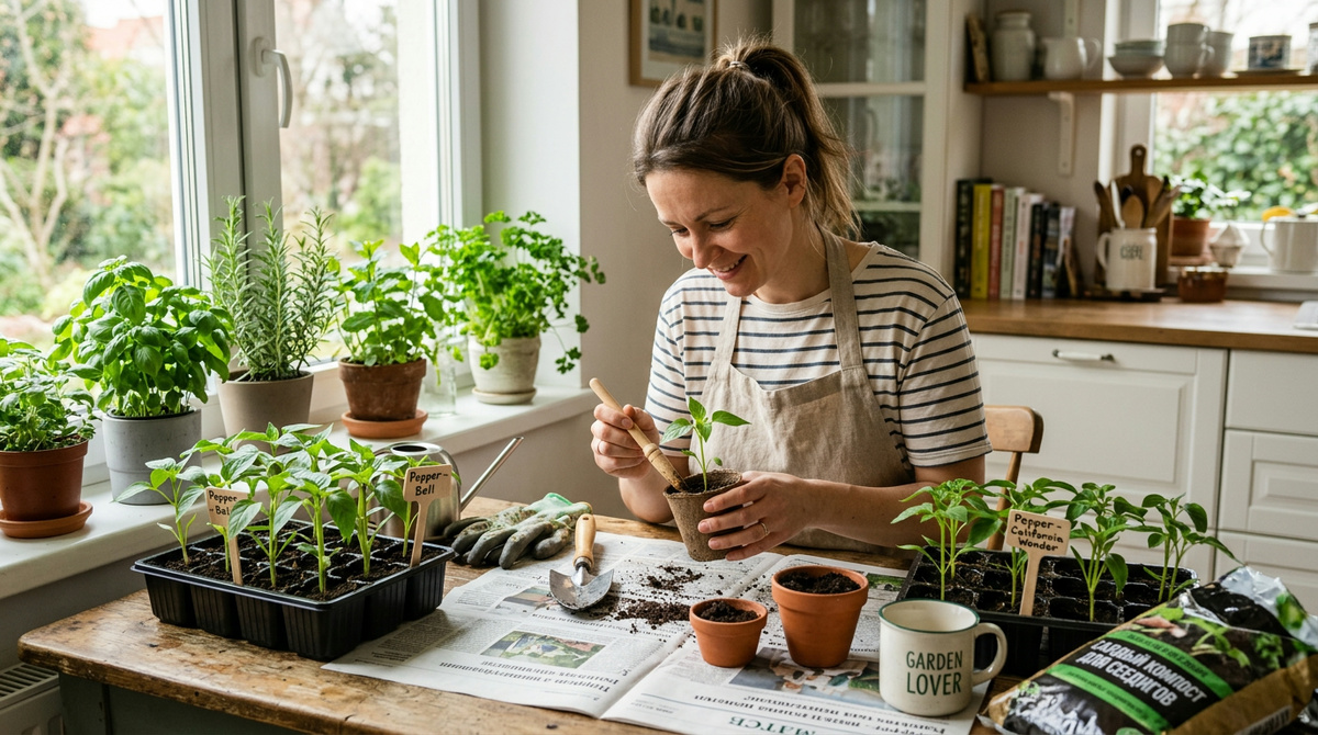 Рассада перца в горшках на подоконнике