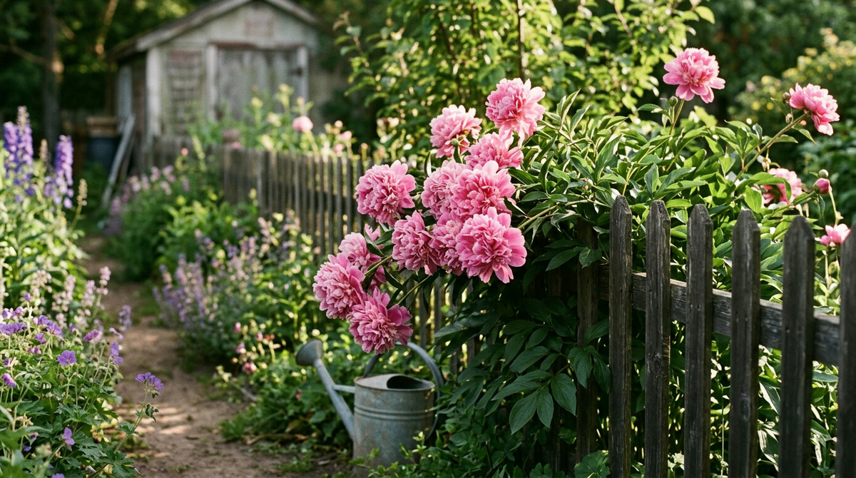 Розовые пионы в полном цвету вдоль садового забора