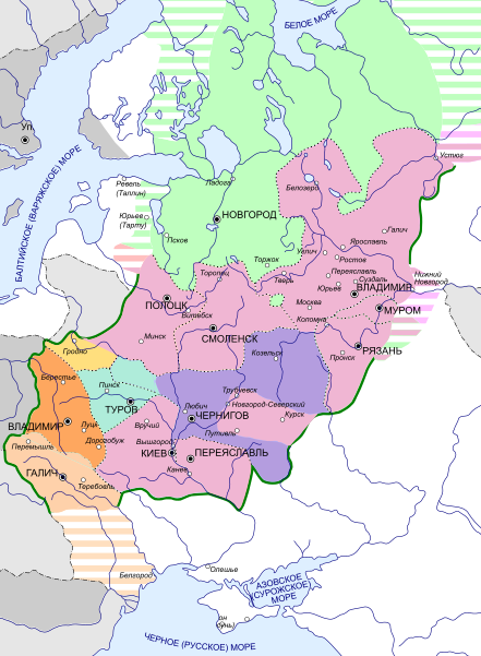 Карта: Русь XII века. Розовым окралены земли, выступившие с Андреем Боголюбским походом на Киев в марте 1169 года. Фотография взята в открытом доступе интернета.