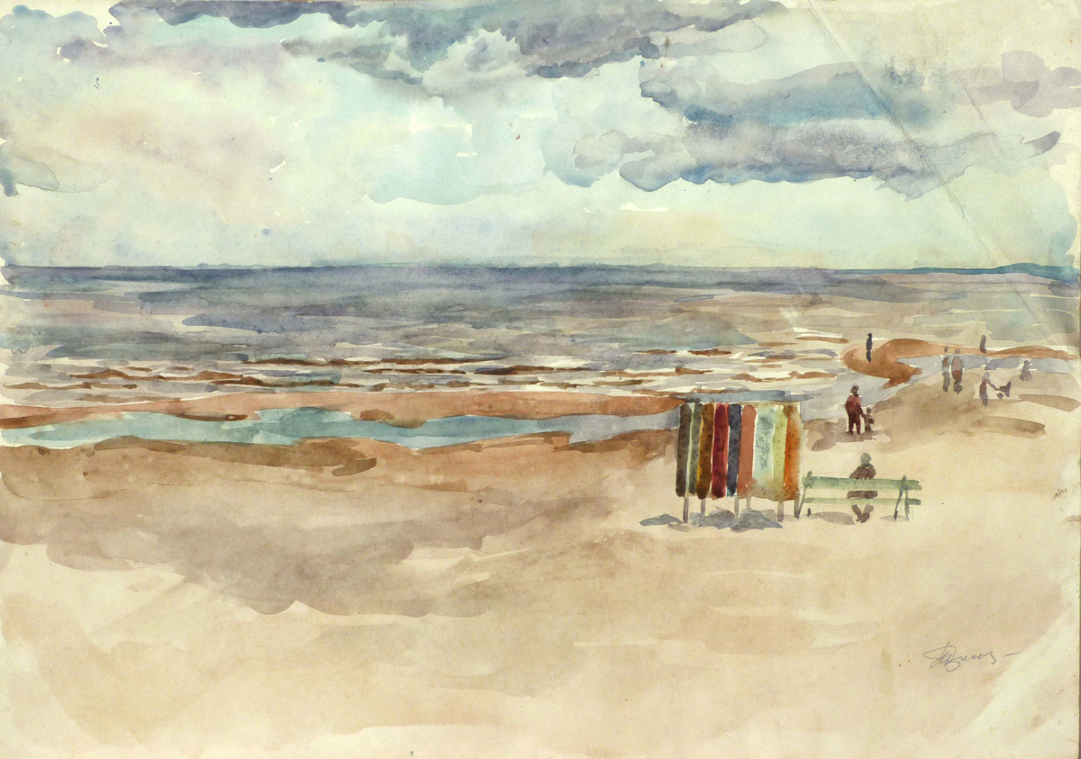 Преснякова Л. Д. Пляж. (Юрмала). 1978 г., бум., акв., 29х41,3