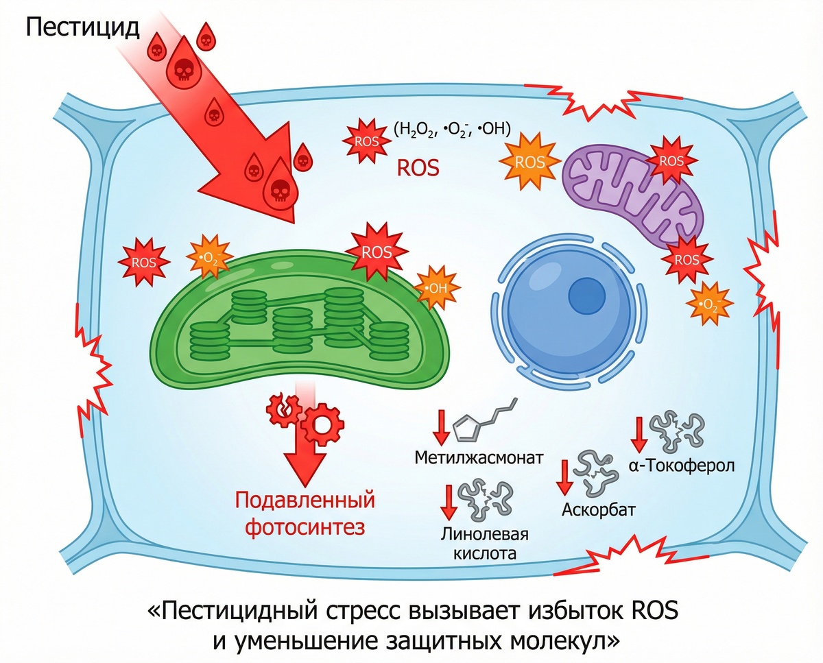 Схема 1. Влияние пестицидов на растение. ROS - Реактивные виды кислорода