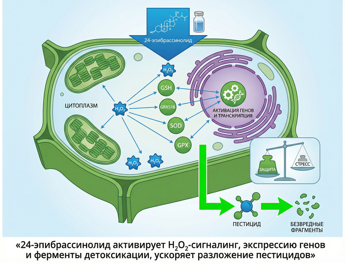 Схема 2. Эффект 24-эпибрассинолида. Поддержание окислительно-восстановительного гомеостаза. Под действием 24-эпибрассинолида активизируются механизмы антиоксидантной защиты растений с высокоэффективными ферментативными (супероксиддисмутаза (SOD), глутатионпероксидаза (GPX) и др.) и неферментативными (глутатион (GSH), фенольные соединения, небелковые аминокислоты и др.) системами антиоксидантной защиты для контроля каскадов неконтролируемого окисления и для детоксикации АФК с целью сбалансирования уровня АФК в клетке.