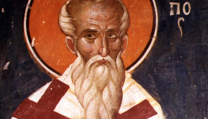 Священномученик Поликарп Смирнский (фрагмент фрески в церкви св. Николая Орфаноса, г. Салоники, XIV век). Фото: wikimedia.org