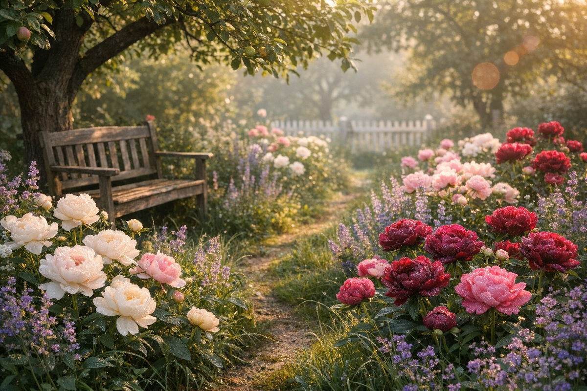 Уединённый уголок сада в лучах закатного солнца: свет мягко пробивается сквозь кроны деревьев, освещая старую деревянную скамью и шапки пионов, растущих вдоль дорожки