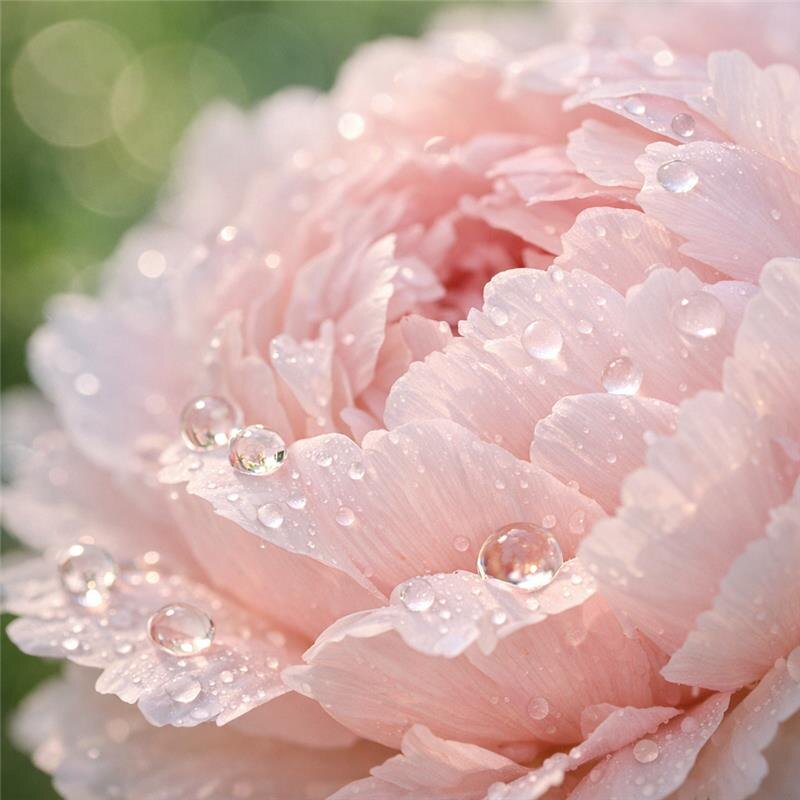 Магия утра: крупный план полураскрытого бутона пиона. Капли росы переливаются на лепестках, словно драгоценные камни, а первые лучи солнца заставляют цветок светиться изнутри