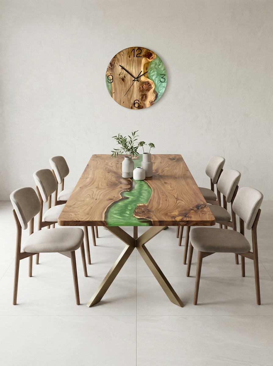 Стол и часы из одного материала в интерьере