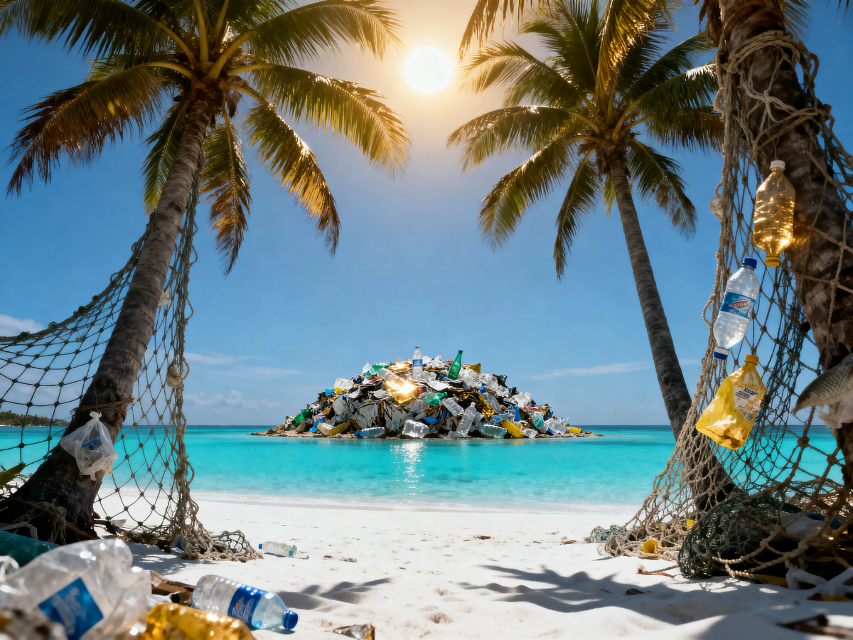 Этот райский остров не нанести на карту. Его нет. То, что вы видите — иллюзия. На самом деле здесь плавают 79 тысяч тонн пластика, 94% которого не видно глазу. Добро пожаловать в Большое тихоокеанское мусорное пятно. Вход бесплатный, выход — для всех.