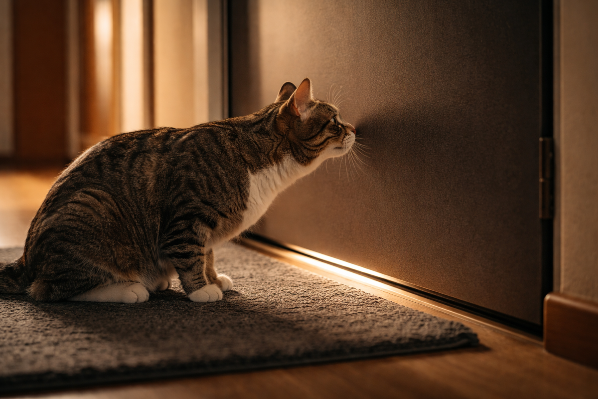 Кошка у двери ловит запахи и слушает мир, который начинается за порогом