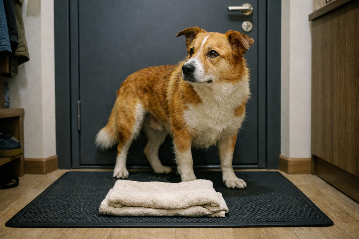 Настороженная собака у двери после прогулки, когда мытье лап еще кажется проблемой