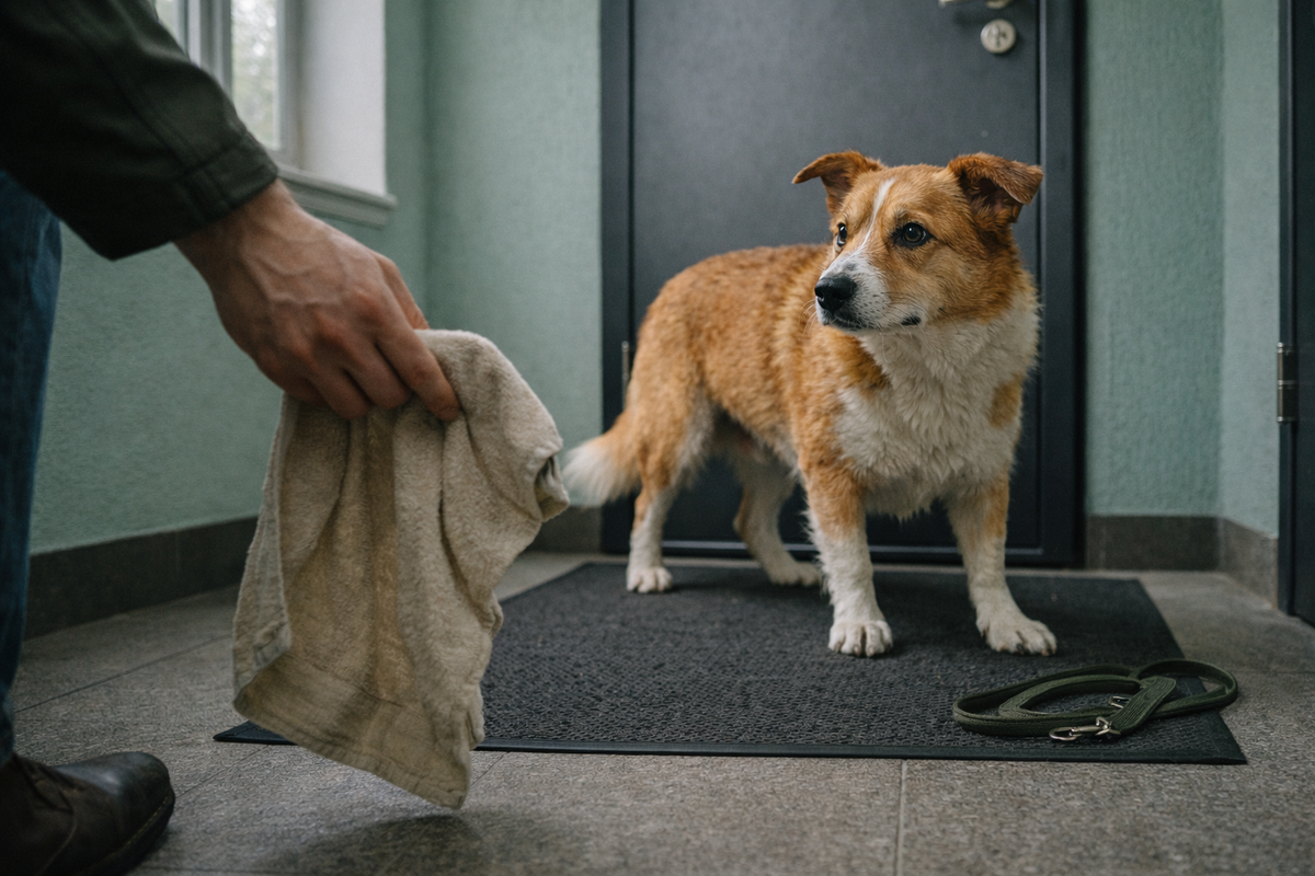 Первый момент напряжения у двери, когда пес уже ждет неприятного прикосновения