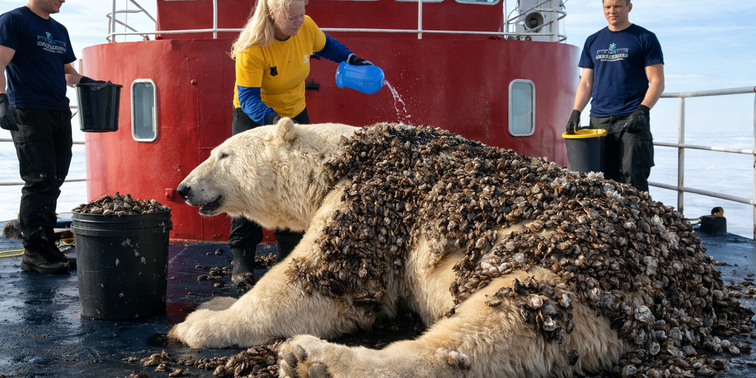 Дайверы очистили медведя от панциря из моллюсков, но самое страшное ждало ветеринаров внутри
