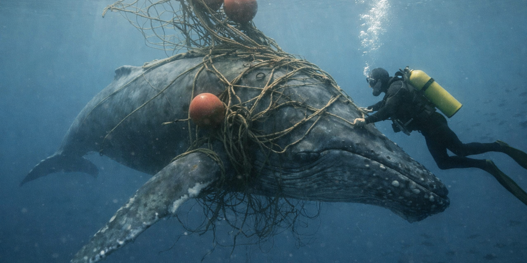 Дайвер снял с кита смертельную ловушку, но гигант не уплыл. Его прощальный жест запомнят навсегда.
