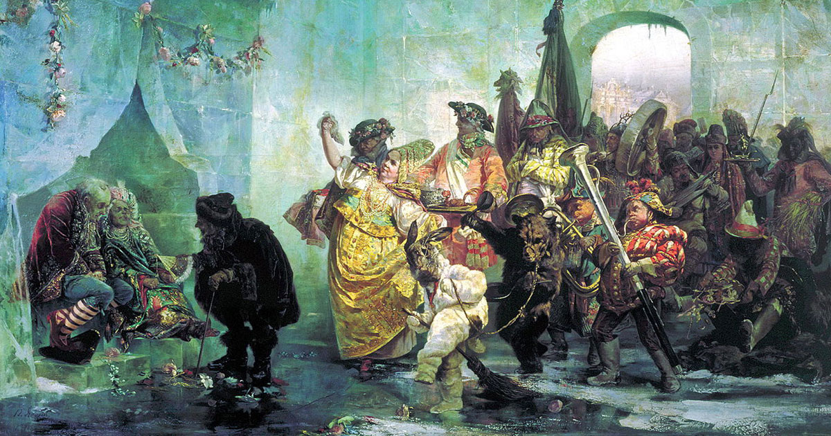 Брачующиеся на свадьбе в Ледяном доме. Картина Валерия Ивановича Якоби