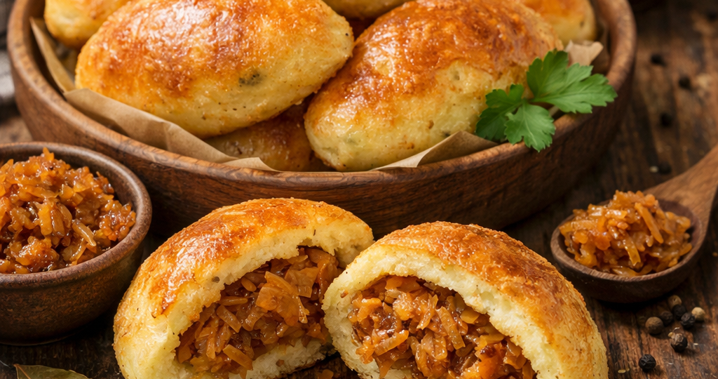 Постные картофеляники с тушеной квашеной капустой.