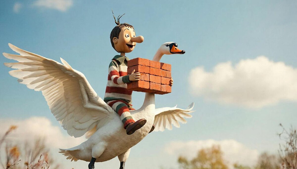 На картинке Буратино, а не сбежавший из тюрьмы "полосатик", если что. Лебедь, может, и не царевна, но кто скажет, что это не лебедь? Ну а кирпичи - это один из врагов лесковского Левши. В общем, "ГигаЧат" старался как мог, чтобы доставить вам удовольствие, соединив героев трёх таких непохожих друг на друга фильмов, о которых речь пойдёт ниже. Что, ниже некуда? Неправда! То ли ещё будет! До дна далеко.