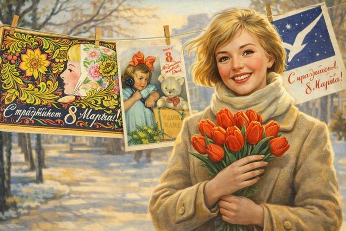 Лучше любого подарка: какими открытками поздравляли женщин в СССР. Обложка © ChatGPT