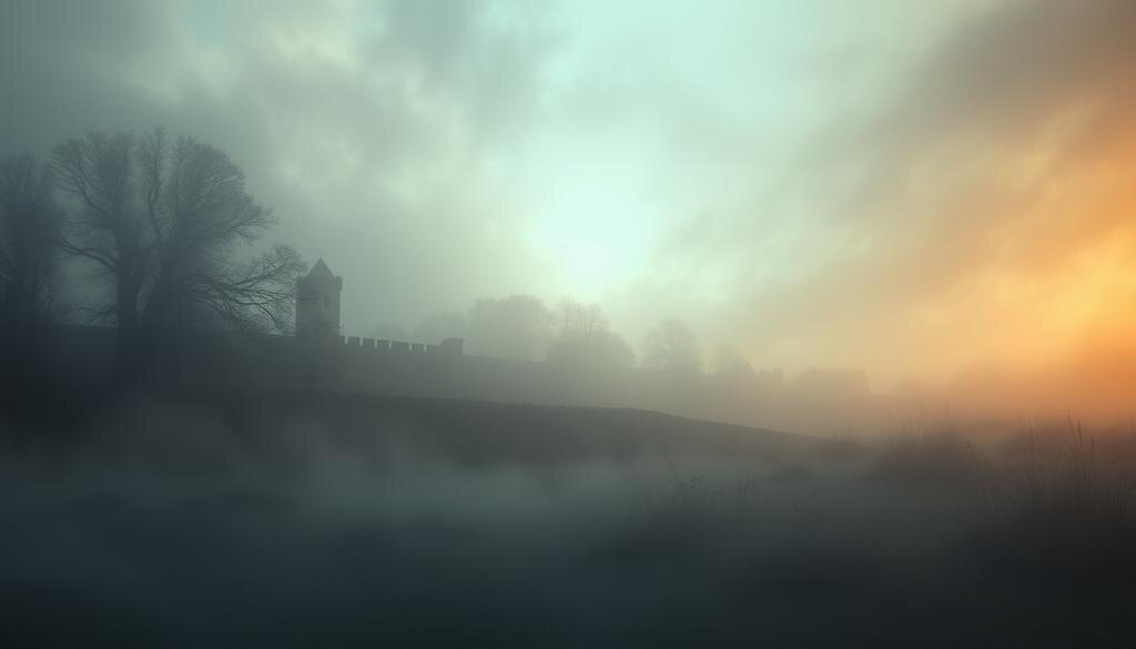    Пейзаж исторического поля битвы с туманом и тенями, символизирующий тайну места Битвы на Калке.