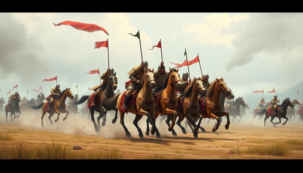    Небольшая группа монгольских воинов на лошадях, использующих тактику в бою, показывая их неожиданную победу.