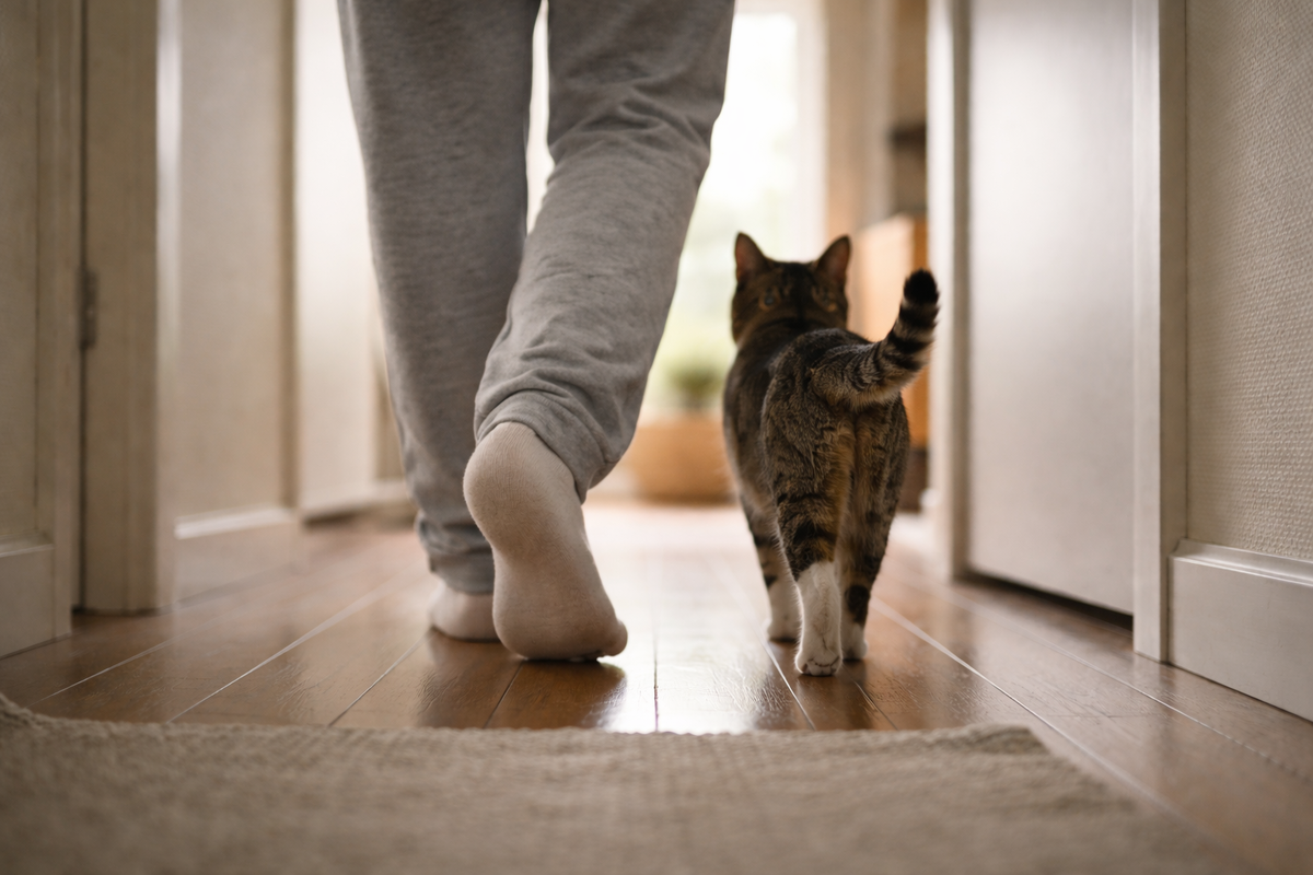 Кот следует за человеком по квартире, будто сверяет привычный маршрут