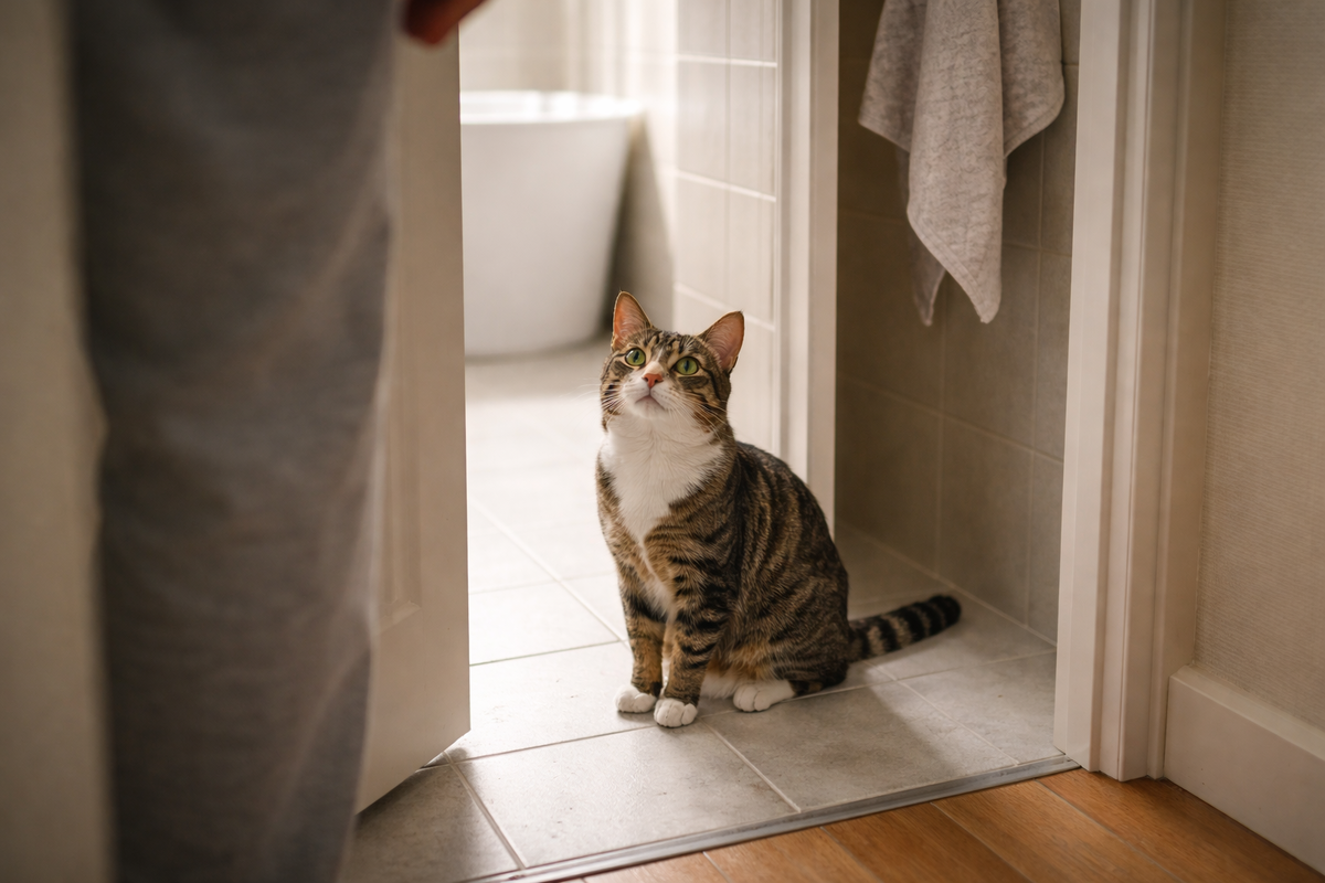 У двери ванной кот не требует, а просто проверяет