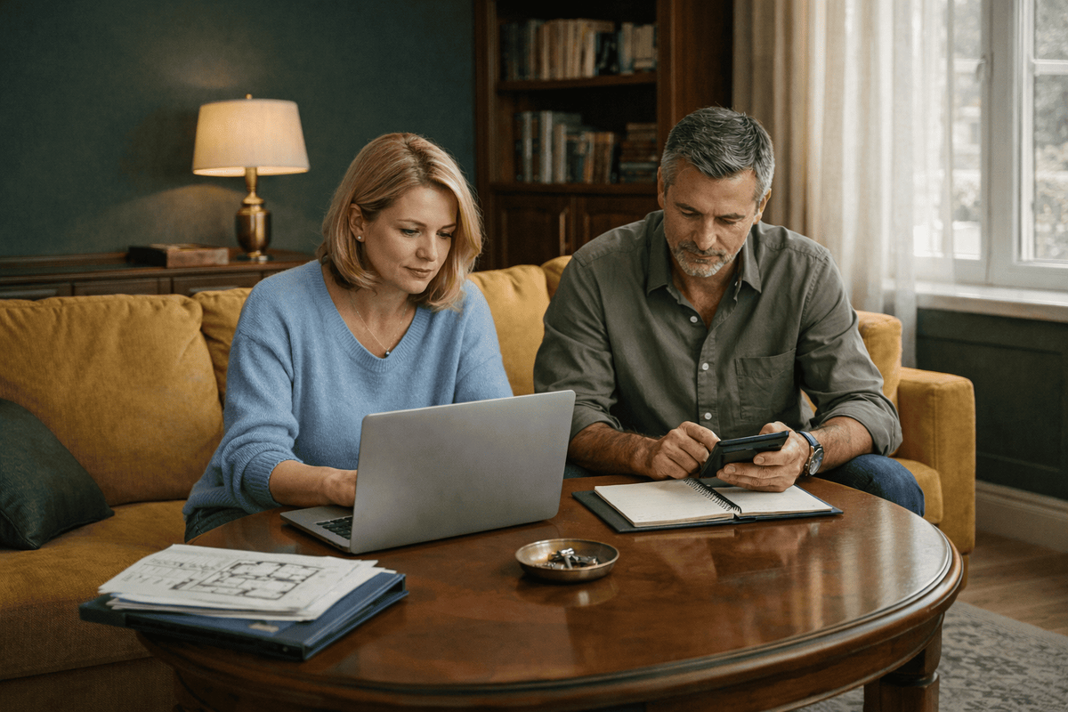 Собственники считают рыночную стоимость квартиры без оценщика: пара за ноутбуком и документами